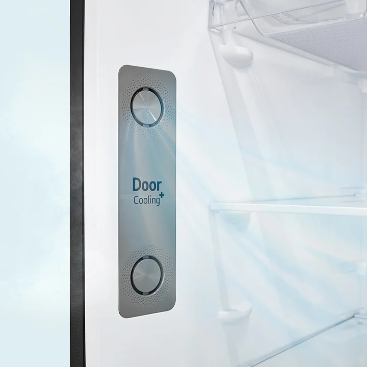 냉장고 문 안쪽에 Door Cooling+라는 텍스트가 있는 패널이 보입니다. 패널 주변으로 시원한 공기가 흐르는 모습이 시각적으로 표현되어 있으며, 내부에는 투명한 선반이 있습니다.