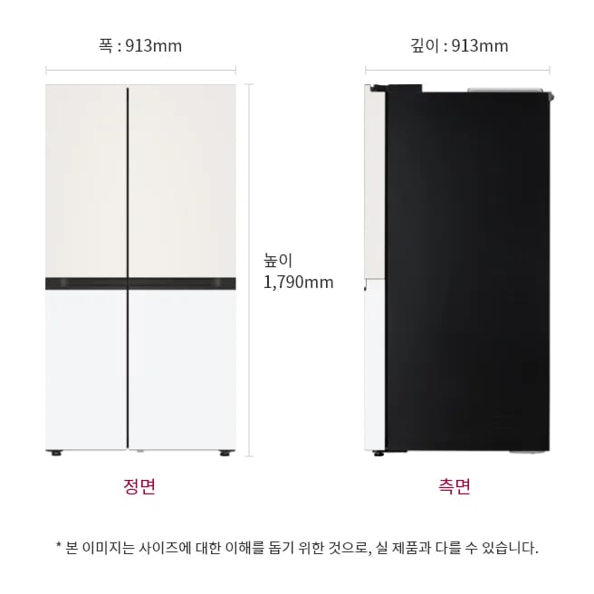 냉장고 정면과 측면 이미지, 크기 정보 표시: 폭 913mm, 깊이 913mm, 높이 1790mm, 본 이미지는 사이즈에 대한 이해를 돕기 위한 것으로, 실 제품과 다를 수 있습니다.