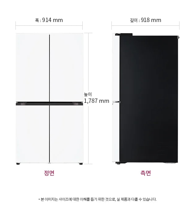 냉장고의 정면과 측면이 나란히 배치되어 있습니다. 정면의 폭은 914mm, 높이는 1,787mm이며, 측면의 깊이는 918mm입니다. 하단에는 본 이미지는 사이즈에 대한 이해를 돕기 위한 것으로, 실제 제품과 다를 수 있습니다.라는 문구가 있습니다.
