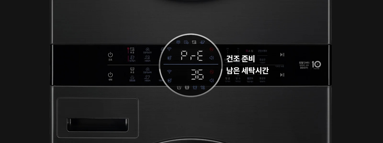세탁기 조작 패널이 보이며, 디지털 화면에 "PrE"와 "36"이 표시되어 있습니다. 화면 옆에는 "건조 준비"와 "남은 세탁시간"이라는 텍스트가 있습니다. 패널에는 다양한 아이콘과 버튼이 배치되어 있으며, "건조"와 "세탁" 버튼이 보입니다. 배경은 어두운 색상입니다.