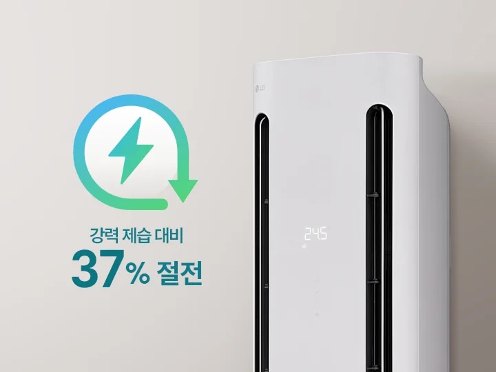 회색 배경에 스탠드 에어컨이 배치되어 있으며, 좌측에는 그라데이션이 들어간 녹색 계열의 번개와 아래로 향하는 동그란 아이콘이 결합된 절전 아이콘이 노출되고 있으며, 제품 위로는 강력 제습 대비 37% 절전이라는 문구가 노출되고 있습니다.