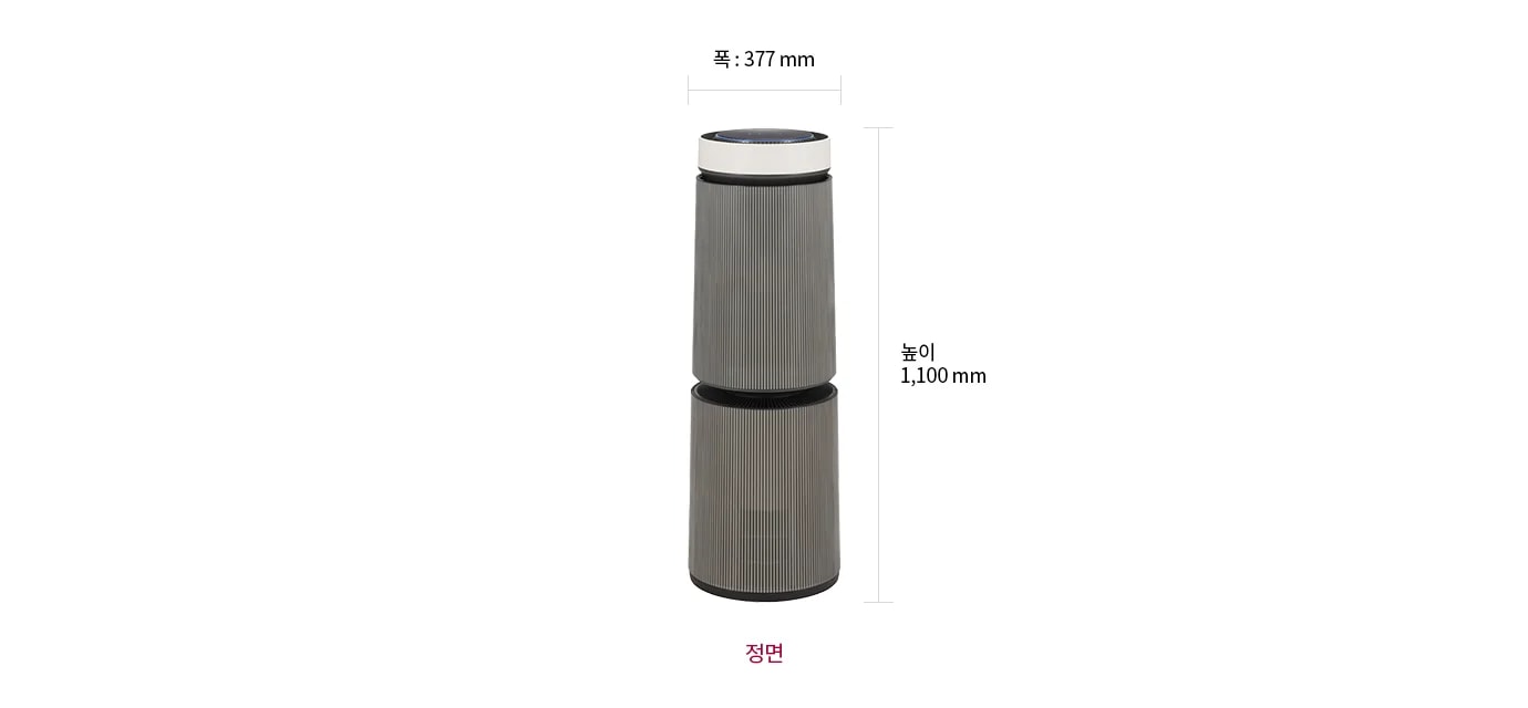 LG 퓨리케어 AI 오브제컬렉션 360˚ 공기청정기 M5의 정면 모습이 있으며, 제품의 크기는 폭 377mm, 높이 1,100mm입니다.