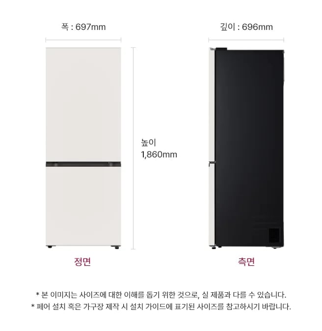 냉장고의 정면과 측면 모습이 나와 있으며, 정면은 폭 697mm, 높이 1,860mm로 표시되어 있고, 측면은 깊이 696mm로 표시되어 있습니다. 하단에는 본 이미지는 사이즈에 대한 이해를 돕기 위한 것으로, 실 제품과 다를 수 있습니다. 페어 설치 혹은 가구장 제작시 설치 가이드에 표기된 사이즈를 참고하라 라는 문구가 포함되어 있습니다.