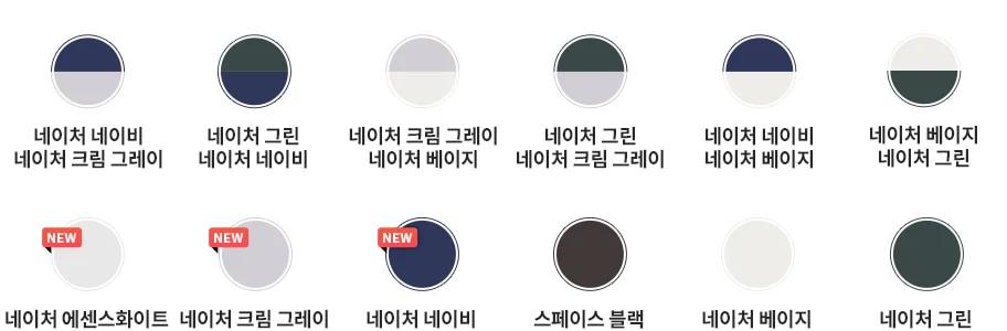 12개의 원형 색상 샘플이 배열되어 있습니다. 각 샘플 아래에는 해당 색상의 이름이 적혀 있습니다. 첫 번째 줄에는 "네이처 네이비 네이처 크림 그레이", "네이처 그린 네이처 네이비", "네이처 크림 그레이 네이처 베이지", "네이처 그린 네이처 크림 그레이", "네이처 네이비 네이처 베이지", "네이처 베이지 네이처 그린"이 있습니다. 두 번째 줄에는 "네이처 크림 그레이"와 "네이처 네이비"는 'NEW' 표시가 있으며, "스페이스 블랙", "네이처 베이지", "네이처 그린", "릴리 화이트"가 있습니다.