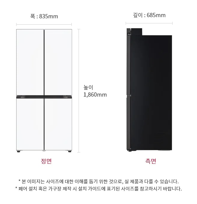 LG 디오스 오브제컬렉션 냉장고 Fit & Max의 정면과 측면 모습이 나란히 배치되어 있습니다. 정면은 흰색으로, 좌우에 두 개의 문이 있으며, 측면은 검은색입니다. 제품의 크기는 폭 835mm, 깊이 685mm, 높이 1,860mm로 표시되어 있습니다. 하단에는 정면과 측면이라는 텍스트가 각각 붉은색으로 적혀 있습니다.