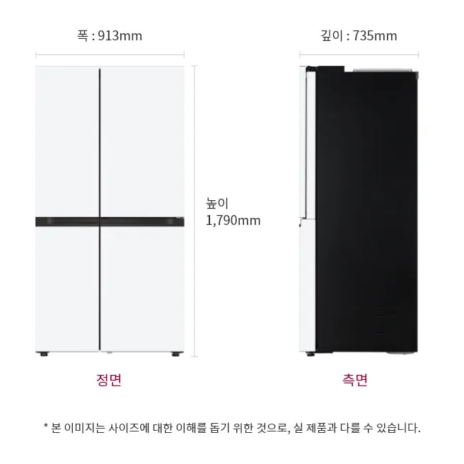냉장고의 앞면과 측면을 보여주고 있습니다. 앞면의 폭은 913mm, 높이는 1790mm이며, 측면의 깊이는 735mm입니다. 아래에는 앞면과 측면이라는 텍스트가 있고, 작은 글씨로 본 이미지는 사이즈에 대한 이해를 돕기 위한 것으로 실제 제품과 다를 수 있습니다.라는 문구가 있습니다.