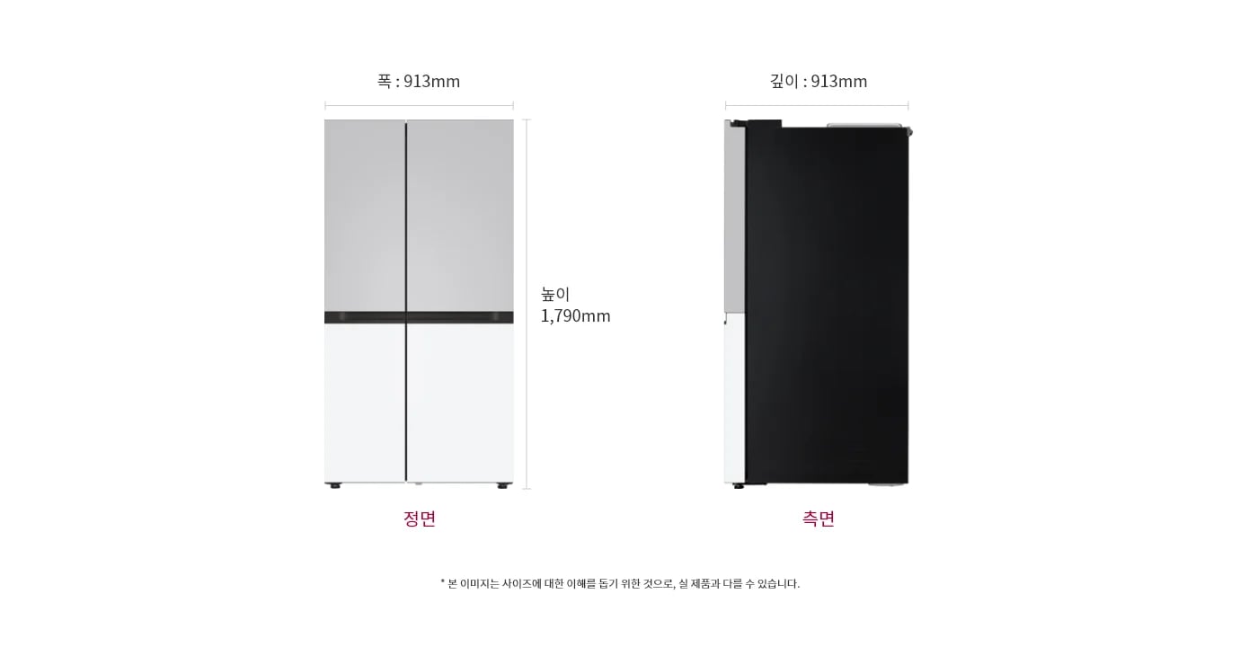 냉장고 정면과 측면 이미지, 크기 정보 표시: 폭 913mm, 깊이 913mm, 높이 1790mm, 본 이미지는 사이즈에 대한 이해를 돕기 위한 것으로, 실 제품과 다를 수 있습니다.