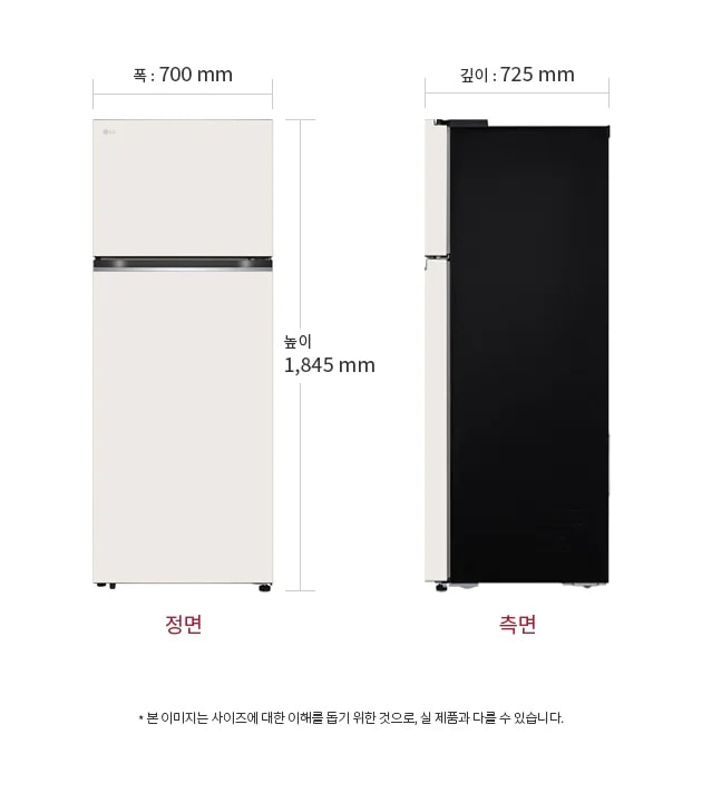 냉장고의 정면과 측면 이미지가 있으며, 정면의 폭은 700mm, 높이는 1,845mm입니다. 측면의 깊이는 725mm입니다. 하단에는 본 이미지는 사이즈에 대한 이해를 돕기 위한 것으로, 실 제품과 다를 수 있습니다.라는 문구가 있습니다.