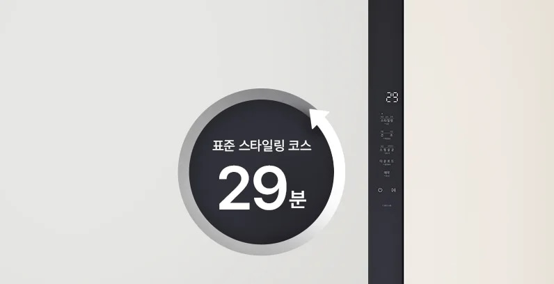 회색 배경 위에 원형 디자인 안에 표준 스타일링 코스 29분이라는 텍스트가 중앙에 위치하고 있습니다. 오른쪽에는 LG 스타일러의 조작 패널이 보이며, 상단부터 표준 스타일링, 건조, 살균, 특별, 다운로드 코스, 예약 등의 옵션이 나열되어 있습니다. 디스플레이에는 숫자 29가 표시되어 있으며, 하단에는 재생 버튼과 일시 정지 버튼이 있습니다.